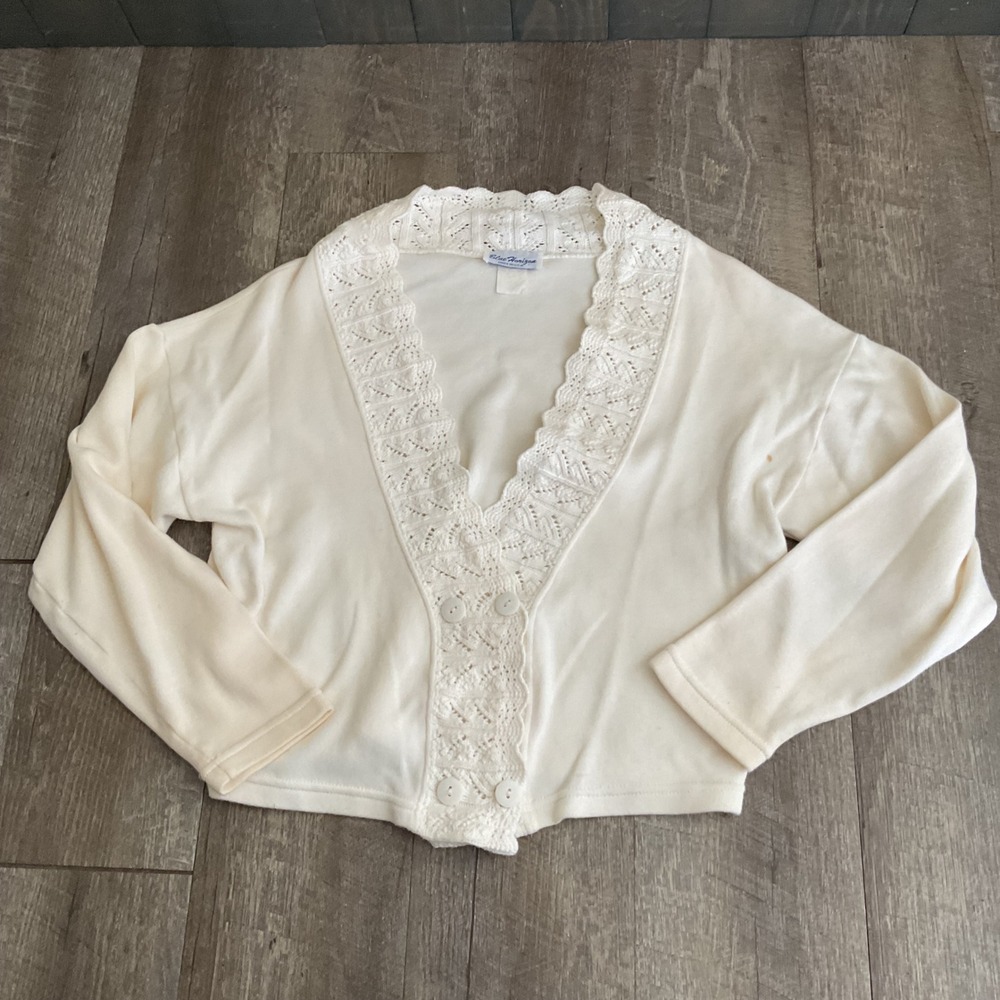 Blue Horizon Cream Lace Trim Button Front Cardigan Sweater Made‎ USA